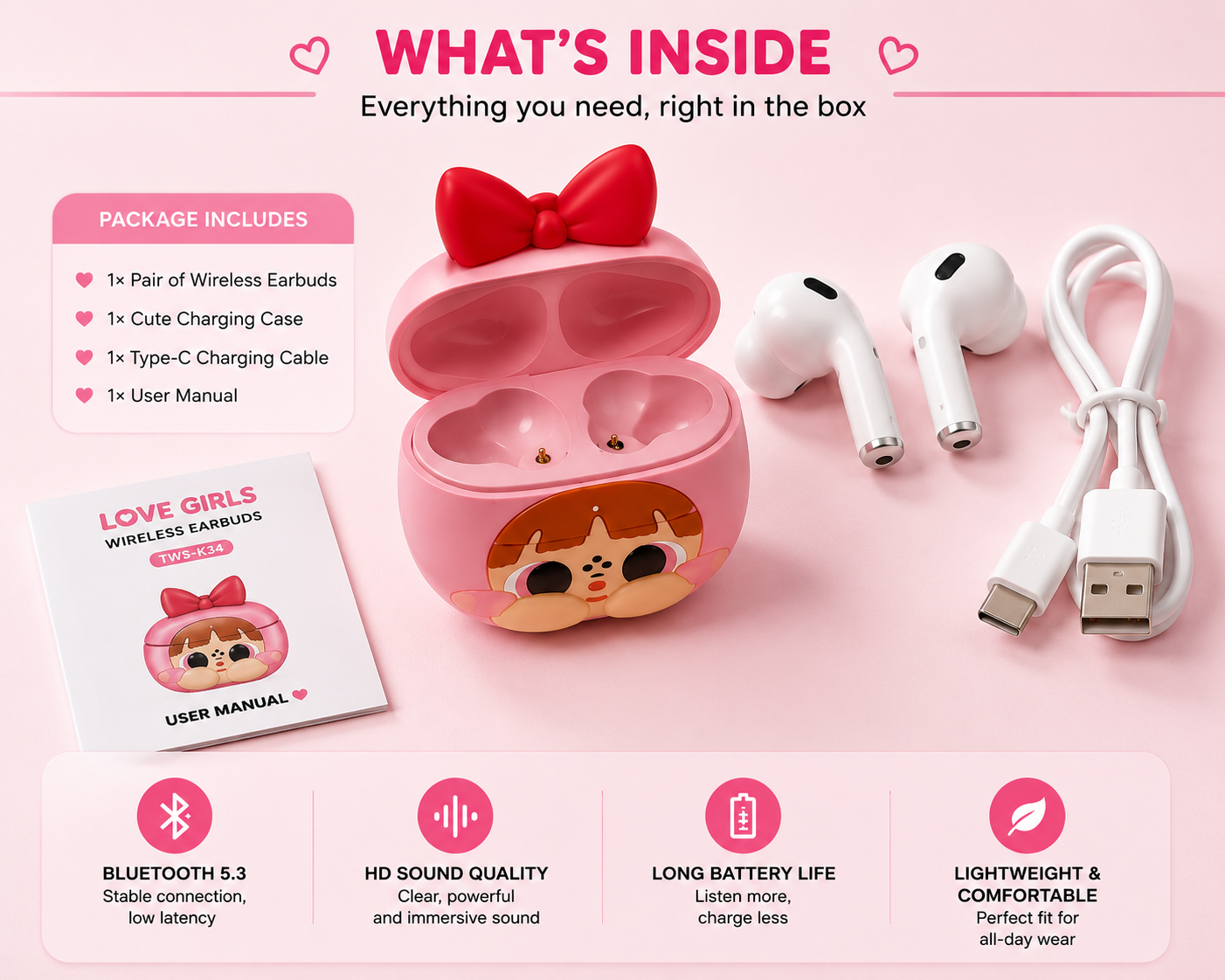 Love Girls Wireless Earbuds – Cute Bluetooth 5.3 Earphones with Premium Charging Case